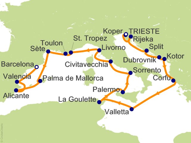 Itinerary Map for Oceania Cruises Allura Voyage ID ALU290320A