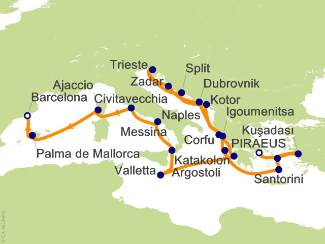 Itinerary Map for Oceania Cruises Allura Voyage ID ALU290420A