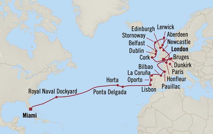 Itinerary Map for Oceania Cruises Insignia Voyage ID INS260504B
