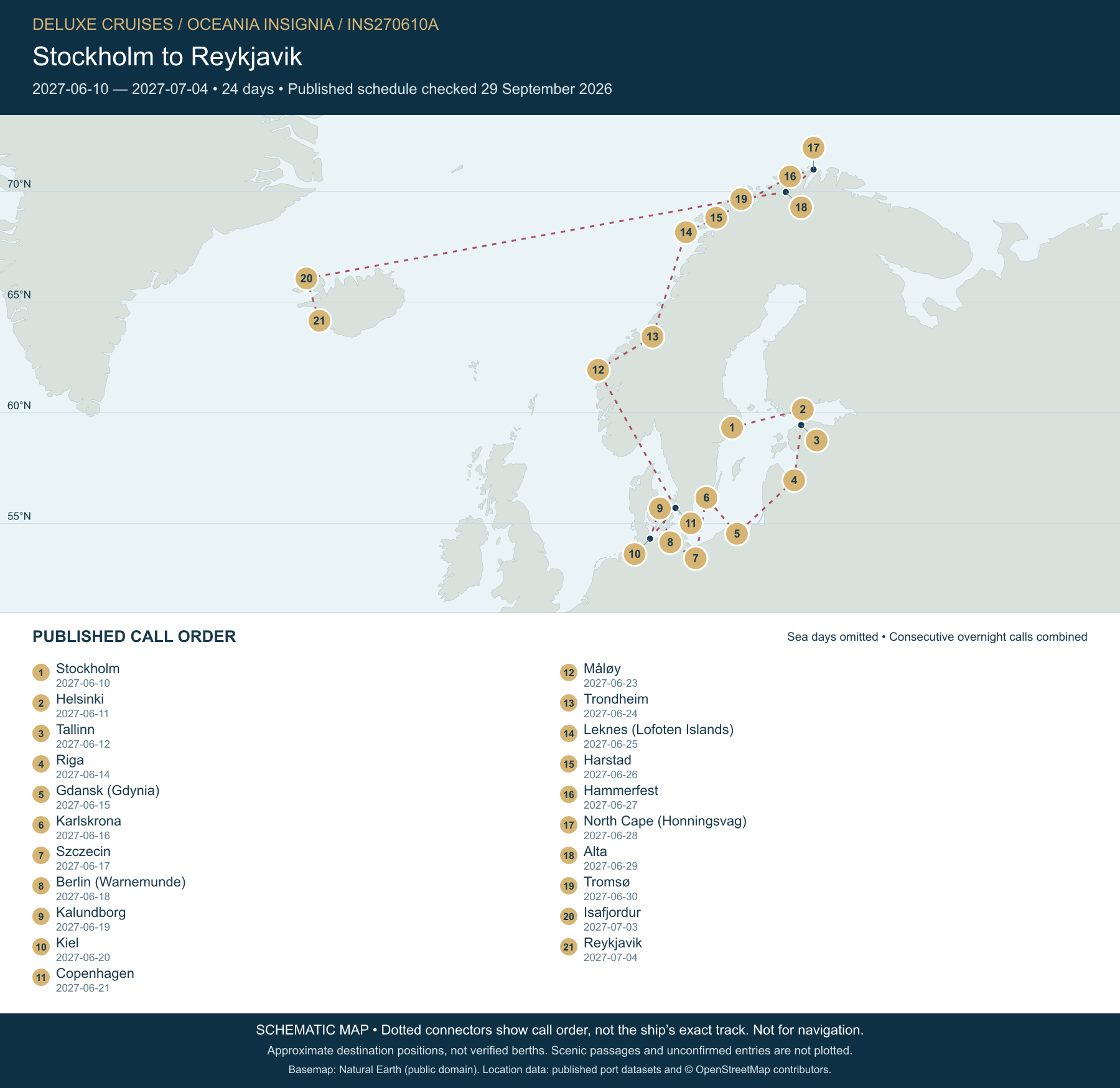 Schematic route map for Oceania Insignia Voyage INS270610A: Stockholm to Reykjavik, June 10 2027 – July 4 2027