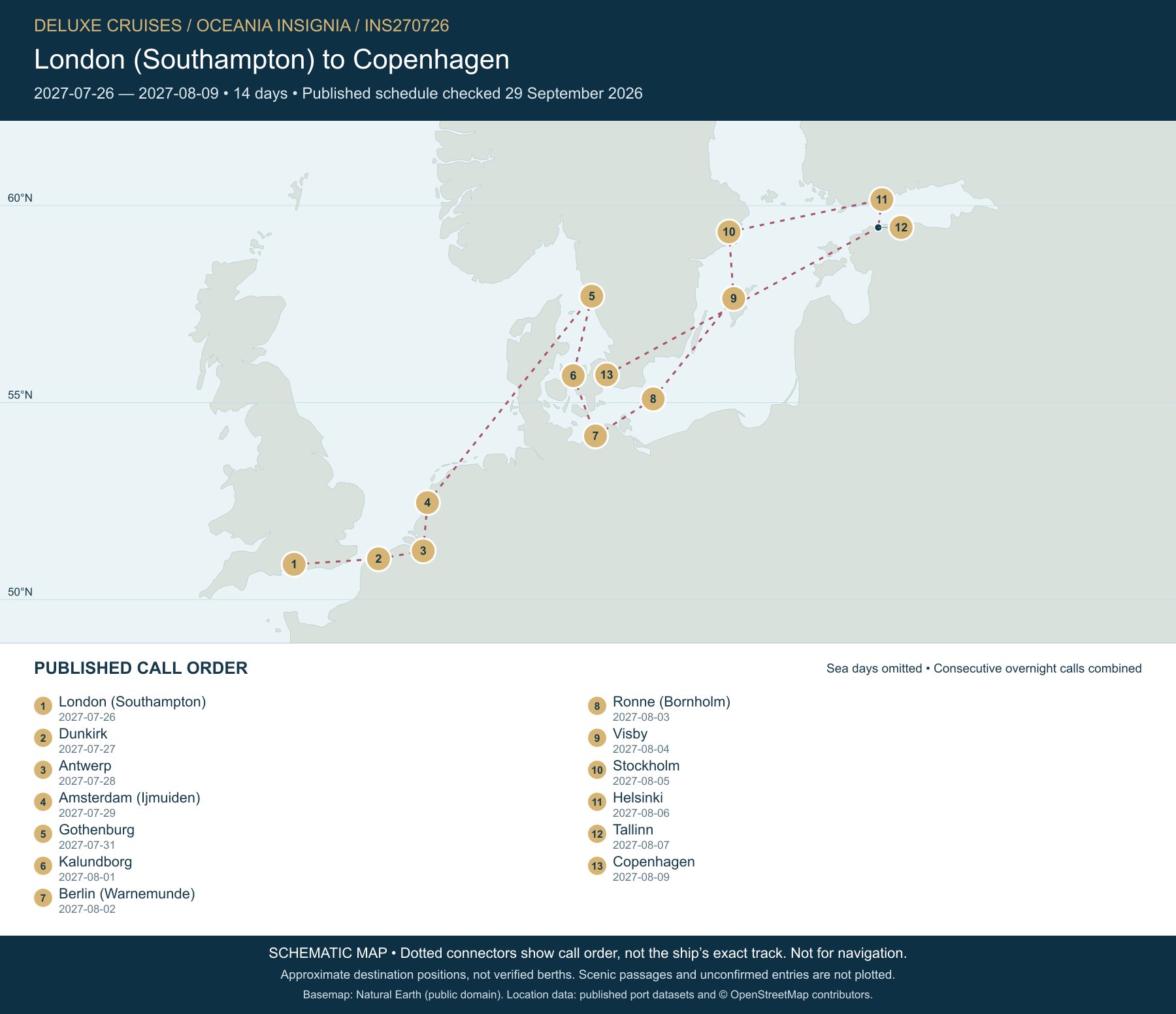 Schematic route map for Oceania Insignia Voyage INS270726: London (Southampton) to Copenhagen, July 26 2027 – August 9 2027
