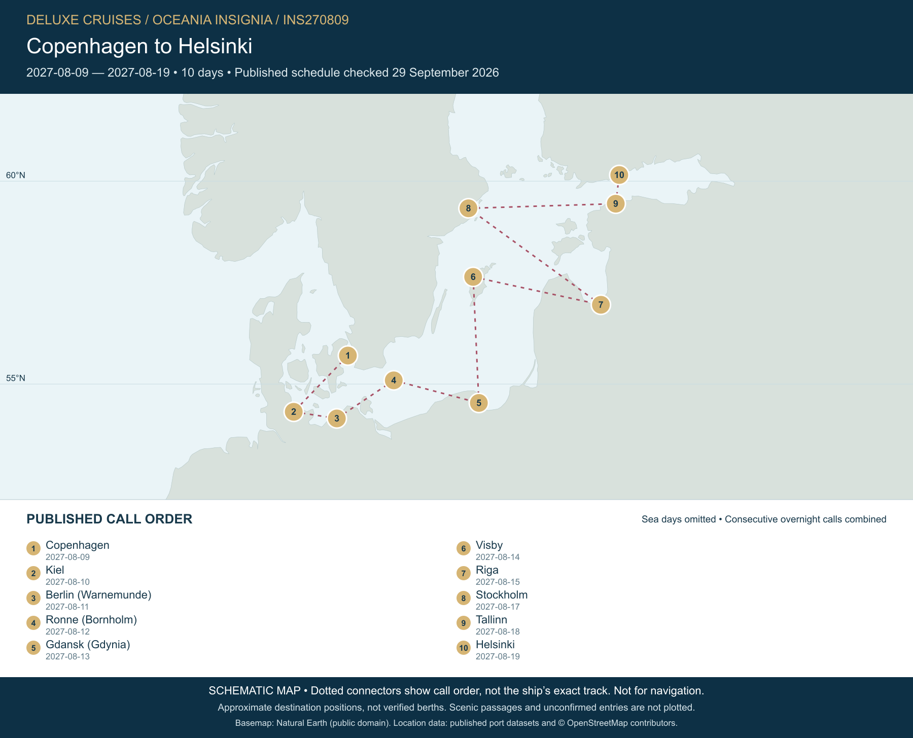 Schematic route map for Oceania Insignia Voyage INS270809: Copenhagen to Helsinki, August 9 2027 – August 19 2027