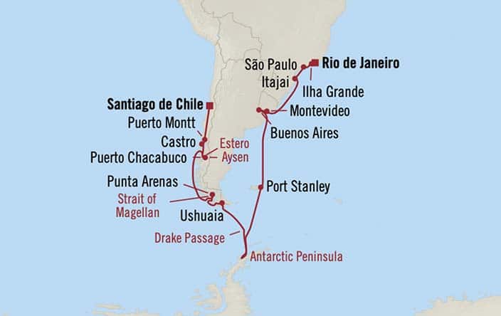 Itinerary Map for Oceania Cruises Marina Voyage ID MNA260122