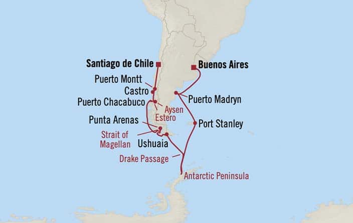 Itinerary Map for Oceania Cruises Marina Voyage ID MNA260215