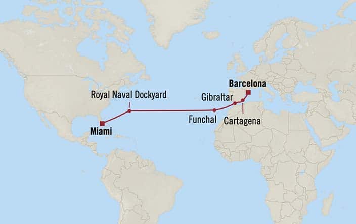 Itinerary Map for Oceania Cruises Marina Voyage ID MNA260407
