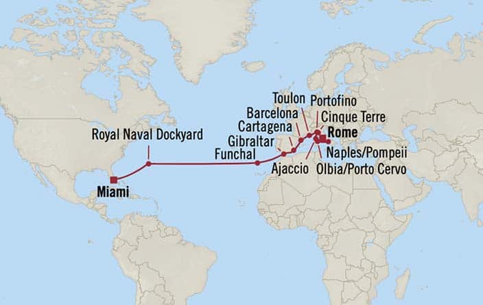 Itinerary Map for Oceania Cruises Marina Voyage ID MNA260407A