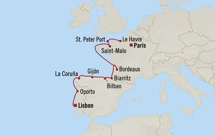 Itinerary Map for Oceania Cruises Marina Voyage ID MNA260512