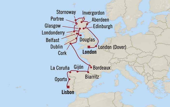 Itinerary Map for Oceania Cruises Marina Voyage ID MNA260904A