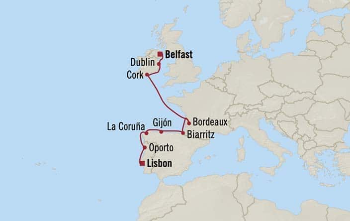 Itinerary Map for Oceania Cruises Marina Voyage ID MNA260915