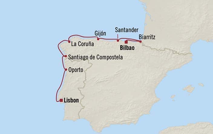 Itinerary Map for Oceania Cruises Marina Voyage ID MNA260925