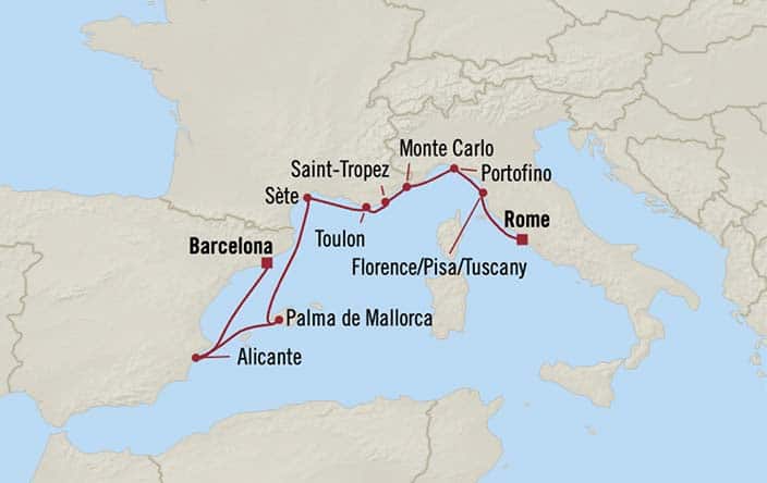 Itinerary Map for Oceania Cruises Marina Voyage ID MNA261105