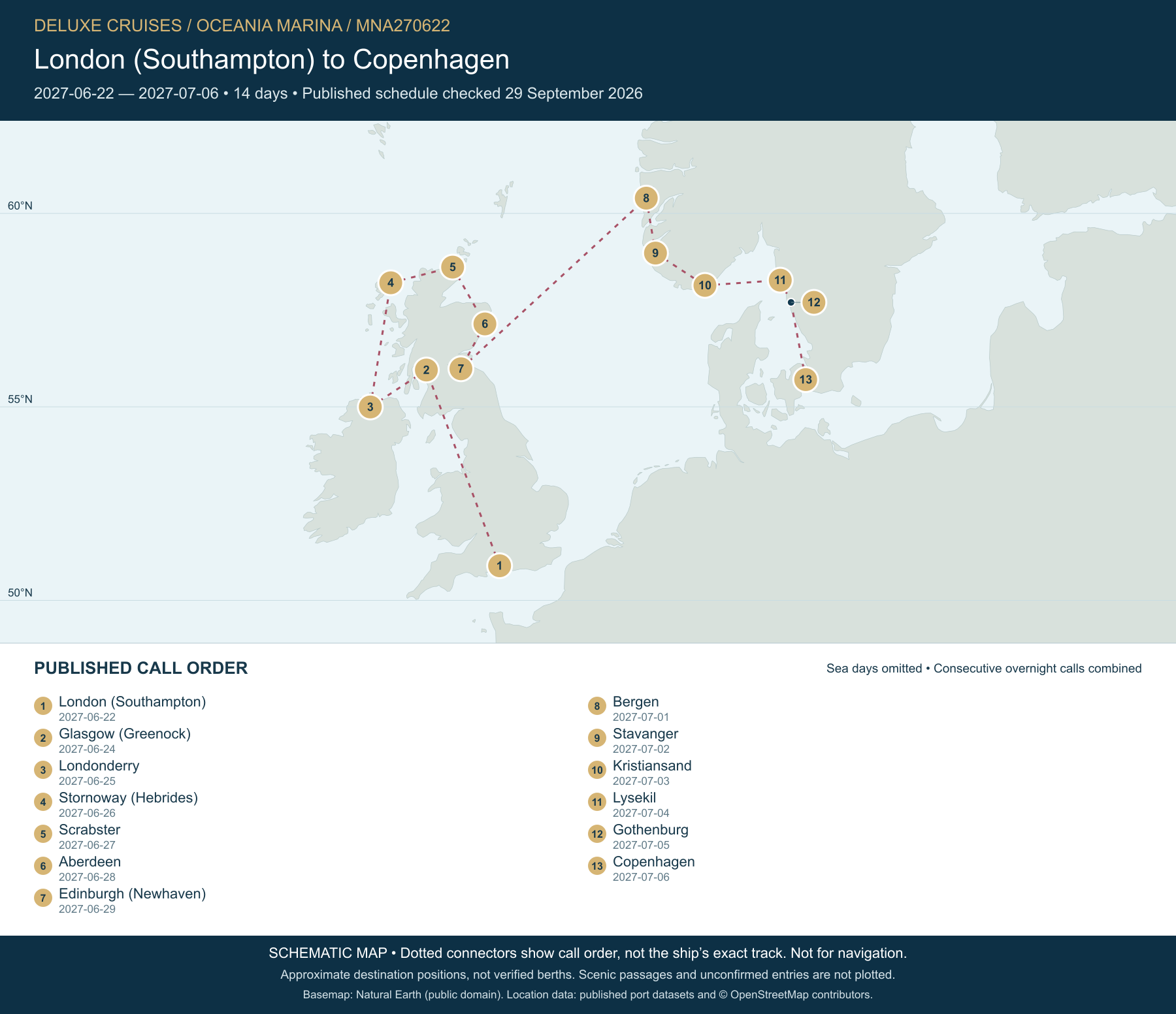 Schematic route map for Oceania Marina Voyage MNA270622: London (Southampton) to Copenhagen, June 22 2027 – July 6 2027