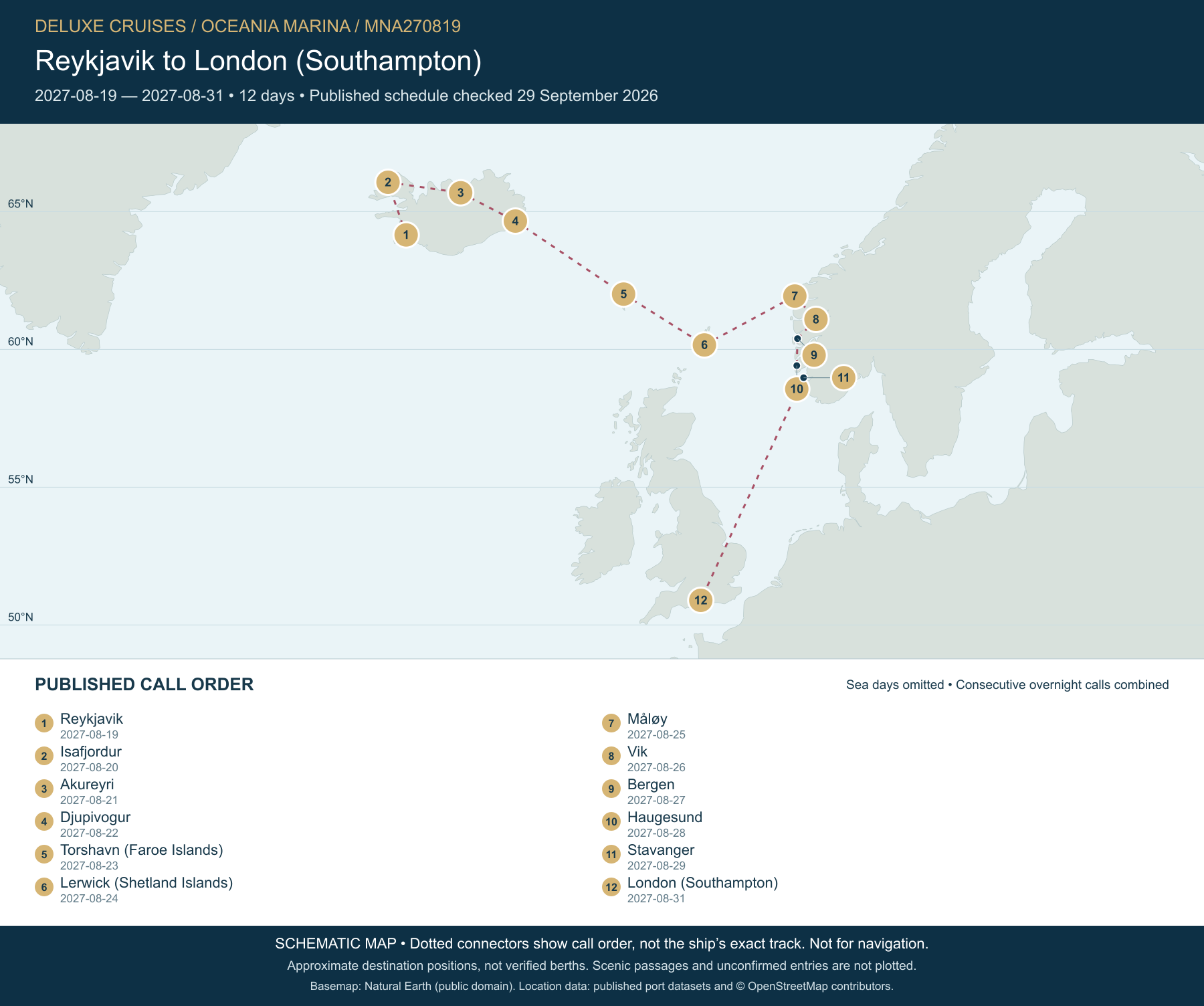 Schematic route map for Oceania Marina Voyage MNA270819: Reykjavik to London (Southampton), August 19 2027 – August 31 2027