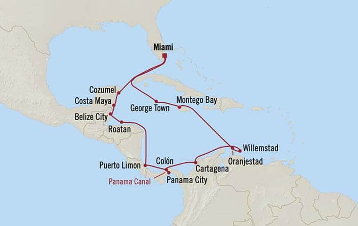 Itinerary Map for Oceania Cruises Marina Voyage ID MNA280106A