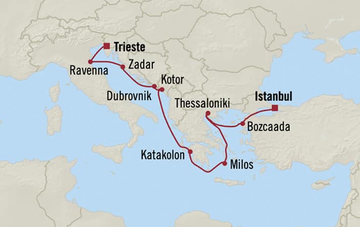 Itinerary map for Oceania Marina voyage MNA280508