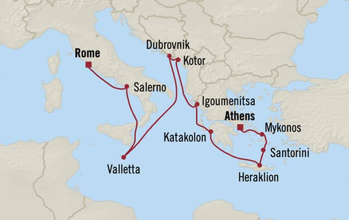 Itinerary map for Oceania Marina voyage MNA280525