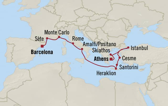 Itinerary map for Oceania Marina voyage MNA280605