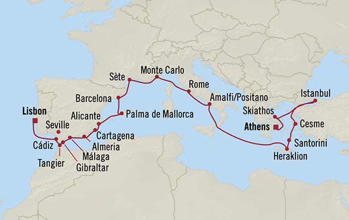 Itinerary map for Oceania Marina voyage MNA280605A