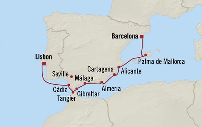 Itinerary map for Oceania Marina voyage MNA280617