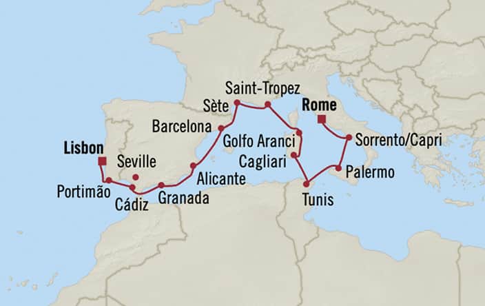 Itinerary map for Oceania Marina voyage MNA280627