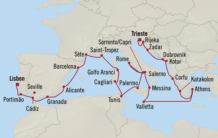 Itinerary map for Oceania Marina voyage MNA280627A