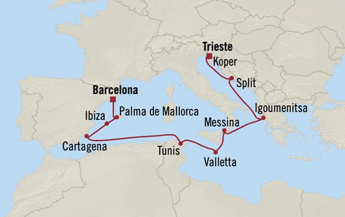 Itinerary map for Oceania Marina voyage MNA280723
