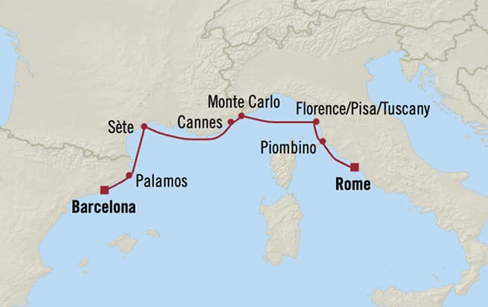 Itinerary map for Oceania Marina voyage MNA280804