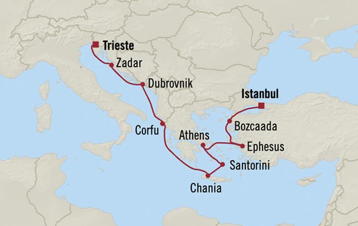 Itinerary map for Oceania Marina voyage MNA280822