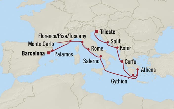 Itinerary map for Oceania Marina voyage MNA280901