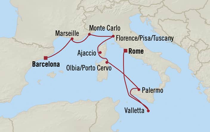 Itinerary map for Oceania Marina voyage MNA280913