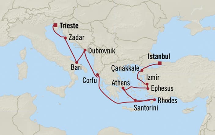 Itinerary map for Oceania Marina voyage MNA281003