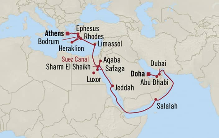 Itinerary map for Oceania Marina voyage MNA281106