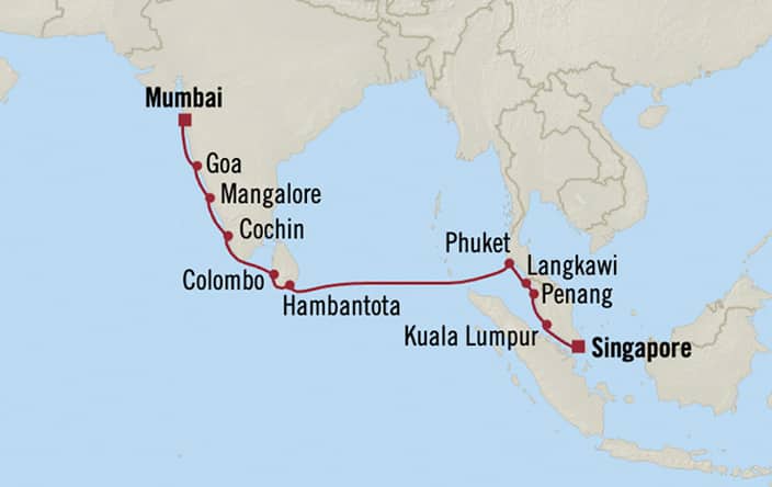 Itinerary map for Oceania Marina voyage MNA281209