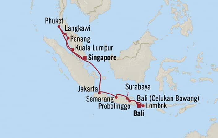 Itinerary map for Oceania Marina voyage MNA281223