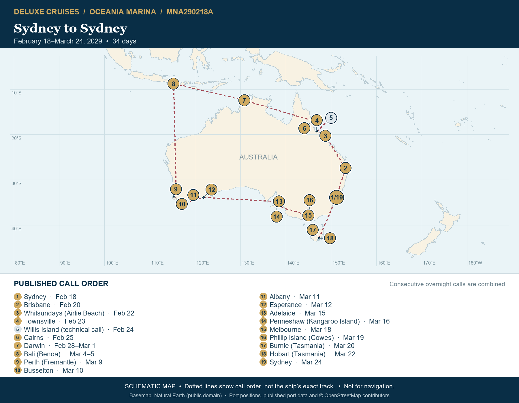 Schematic route map for Oceania Marina Voyage MNA290218A: Sydney to Sydney, February 18-March 24 2029