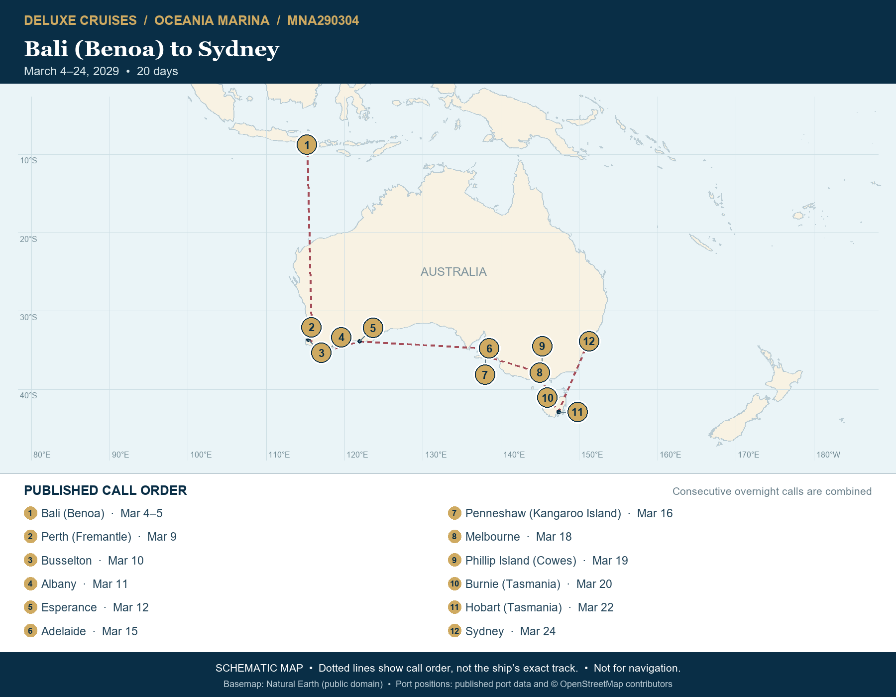 Schematic route map for Oceania Marina Voyage MNA290304: Bali (Benoa) to Sydney, March 4-24 2029