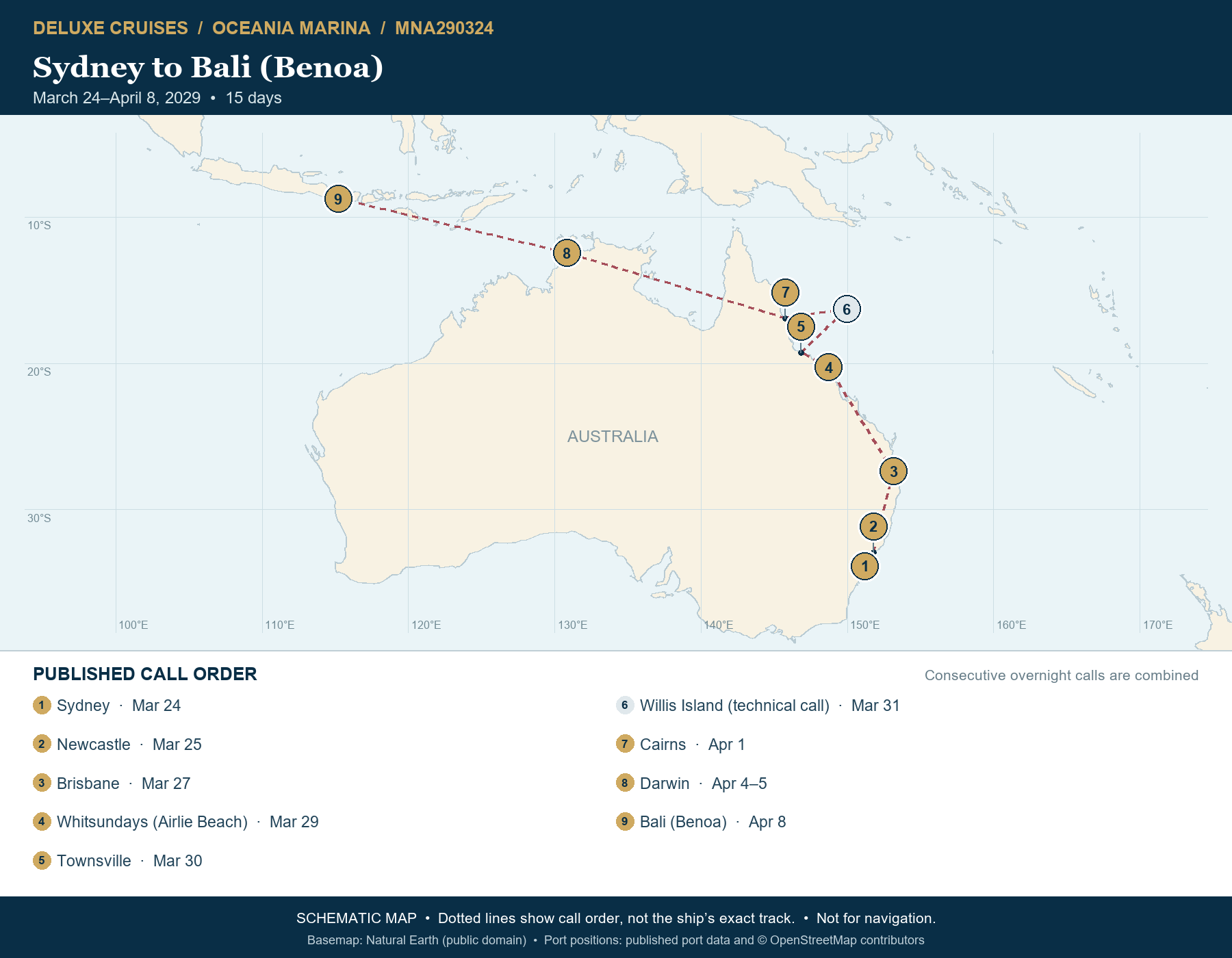 Schematic route map for Oceania Marina Voyage MNA290324: Sydney to Bali (Benoa), March 24-April 8 2029