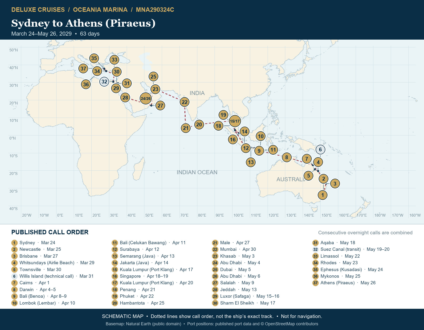 Schematic route map for Oceania Marina Voyage MNA290324C: Sydney to Athens (Piraeus), March 24-May 26 2029