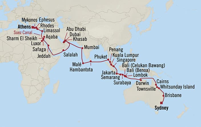 Itinerary map for Oceania Marina voyage MNA290325C