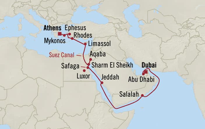 Itinerary map for Oceania Marina voyage MNA290505