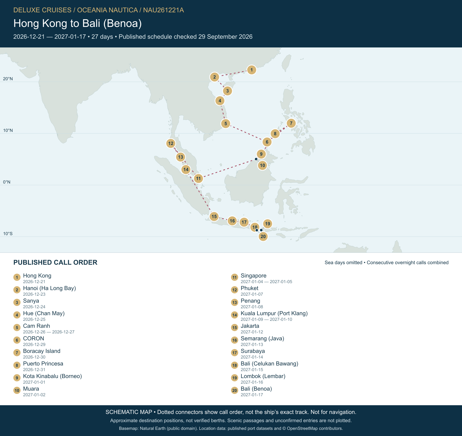 Schematic route map for Oceania Nautica Voyage NAU261221A: Hong Kong to Bali (Benoa), December 21 2026 – January 17 2027