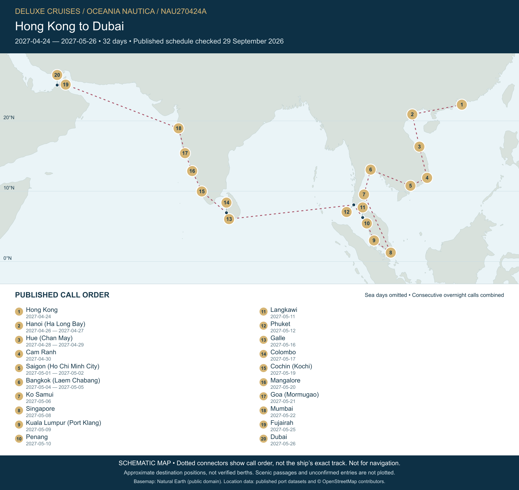 Schematic route map for Oceania Nautica Voyage NAU270424A: Hong Kong to Dubai, April 24 2027 – May 26 2027