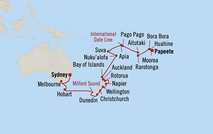 Itinerary map for Oceania Riviera voyage RVA260107