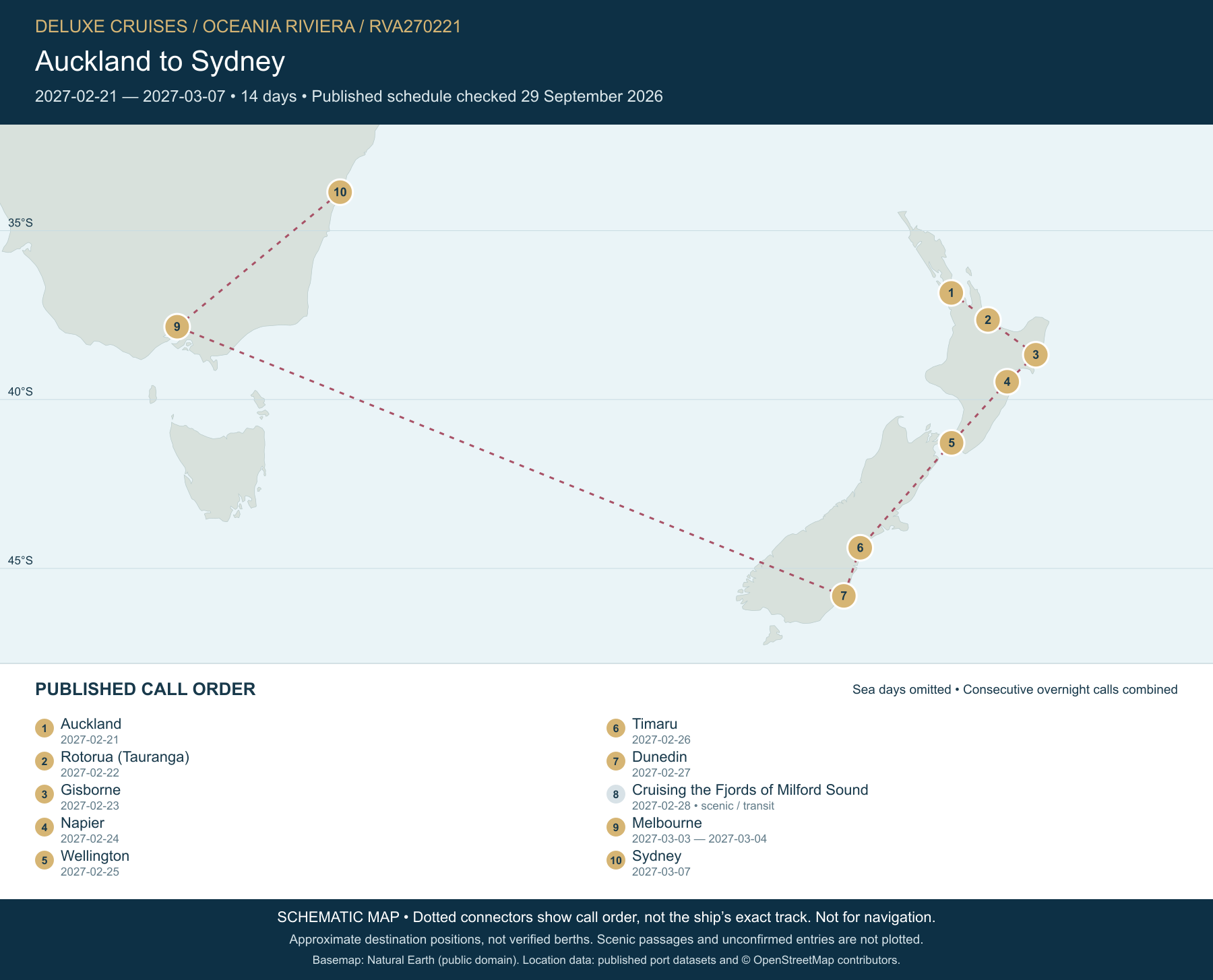 Schematic route map for Oceania Riviera Voyage RVA270221: Auckland to Sydney, February 21 2027 – March 7 2027