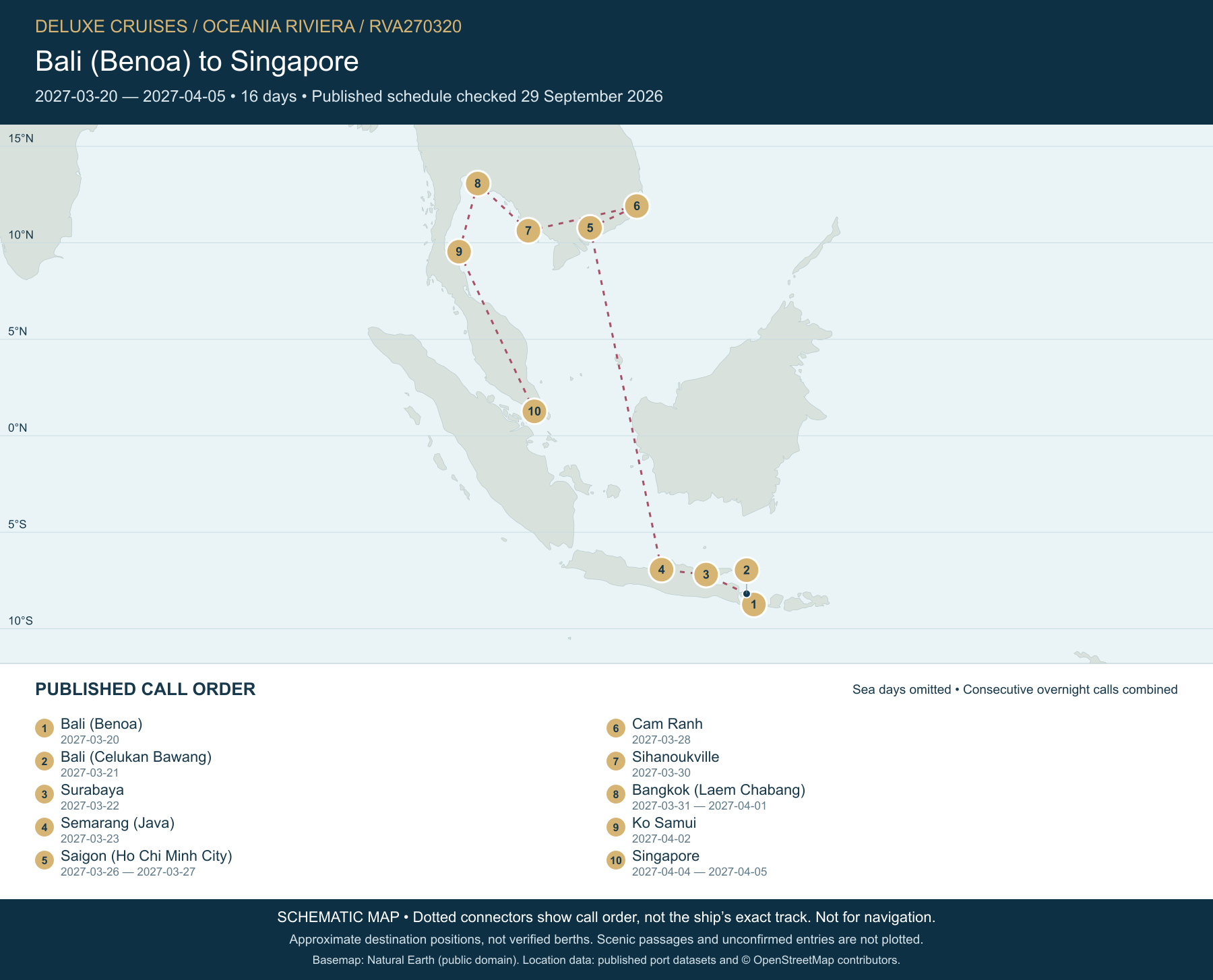 Schematic route map for Oceania Riviera Voyage RVA270320: Bali (Benoa) to Singapore, March 20 2027 – April 5 2027