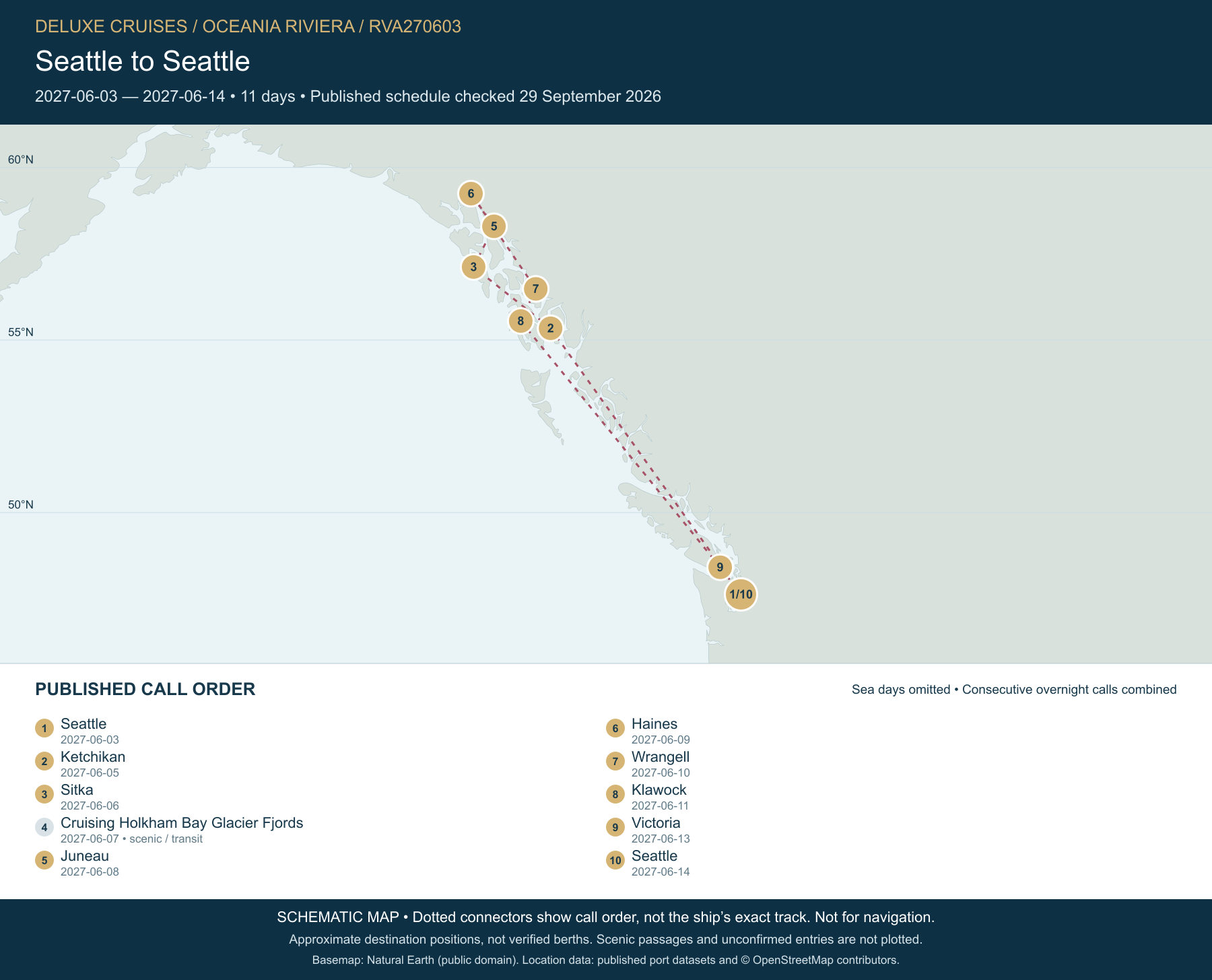 Schematic route map for Oceania Riviera Voyage RVA270603: Seattle to Seattle, June 3 2027 – June 14 2027