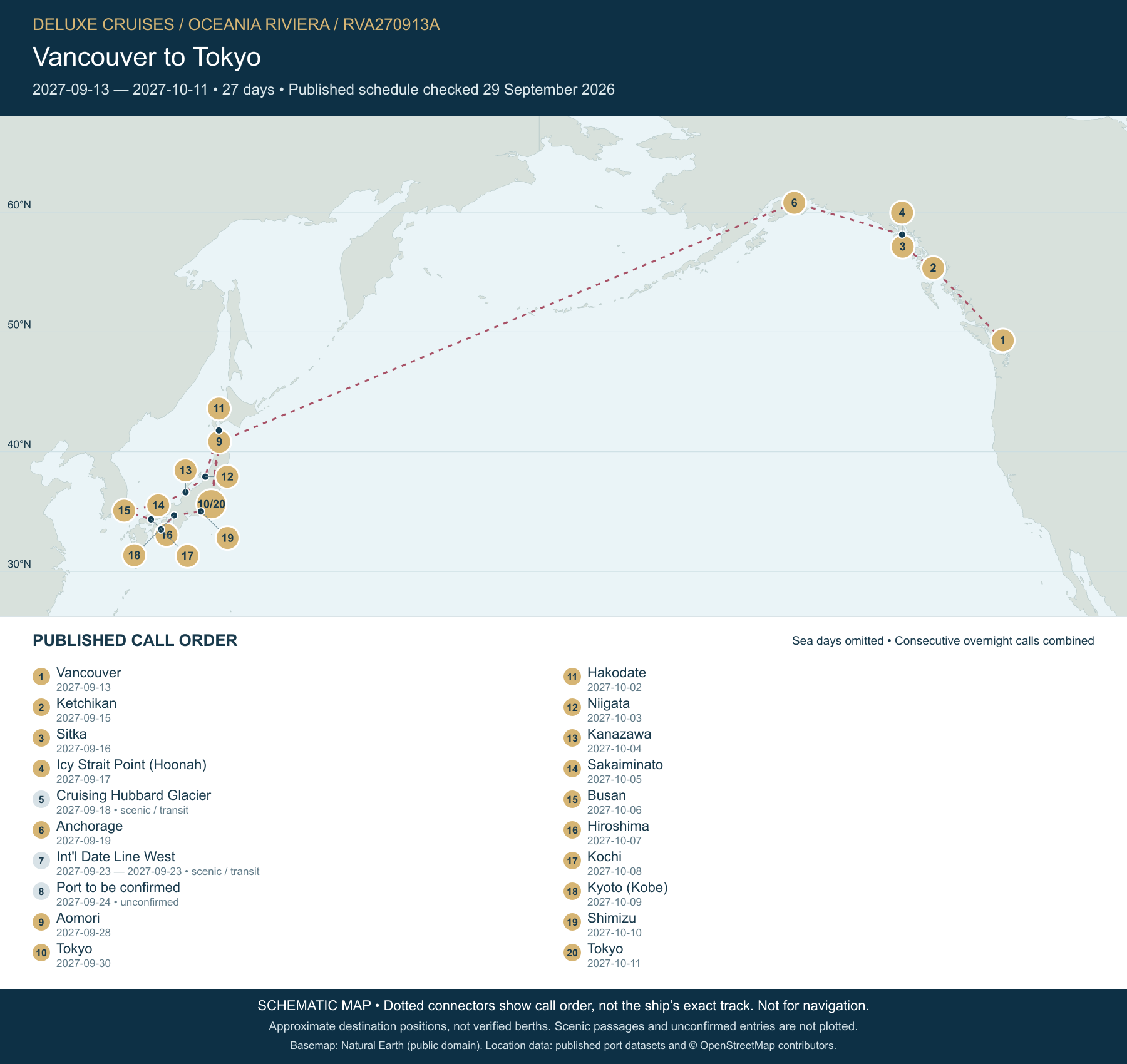 Schematic route map for Oceania Riviera Voyage RVA270913A: Vancouver to Tokyo, September 13 2027 – October 11 2027