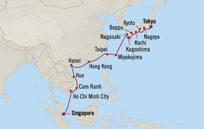Itinerary map for Oceania Riviera voyage RVA271105A