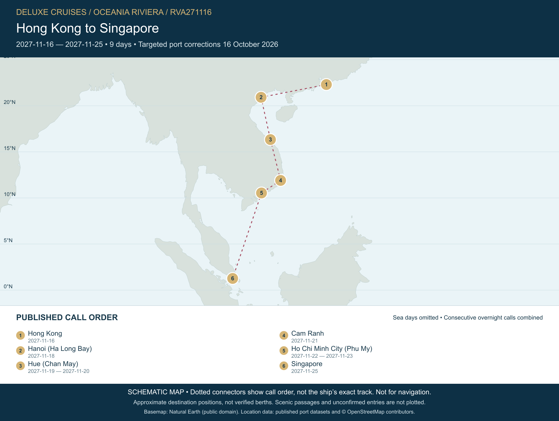 Schematic route map for Oceania Riviera Voyage RVA271116: Hong Kong to Singapore, 2027-11-16 to 2027-11-25