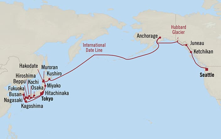 Itinerary map for Oceania Riviera voyage RVA280907A